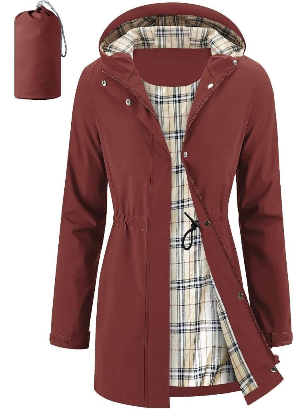 Women's Wine Long Rain Jacket Waterproof Packable Hooded Windbreaker Daily Wear